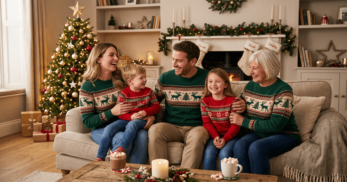 Family wearing coordinated matching Christmas sweaters for a holiday photo