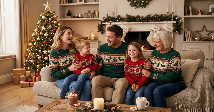 Family wearing coordinated matching Christmas sweaters for a holiday photo