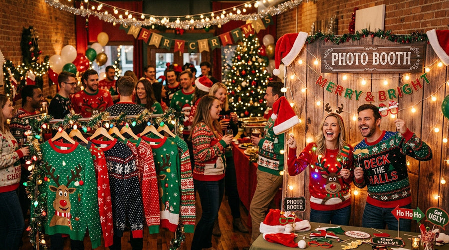 Friends celebrating at an ugly sweater holiday party