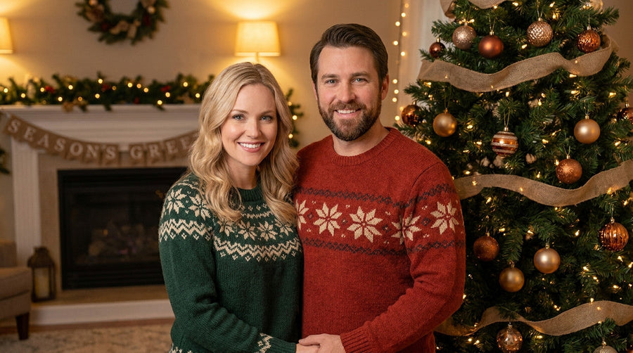 Couple wearing coordinated matching ugly Christmas sweaters