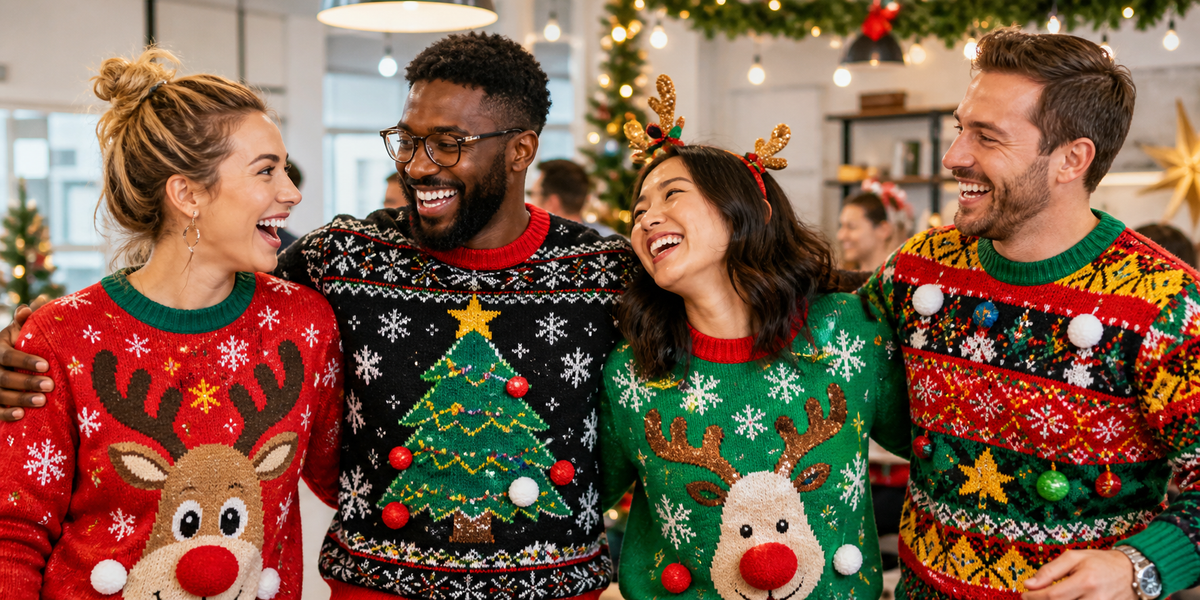 Friends wearing funny ugly Christmas sweaters at a festive office holiday party