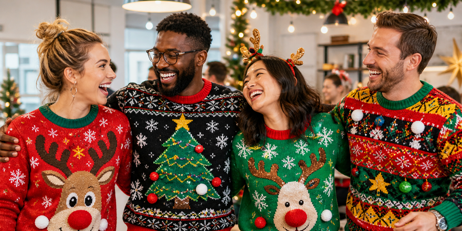 Friends wearing funny ugly Christmas sweaters at a festive office holiday party