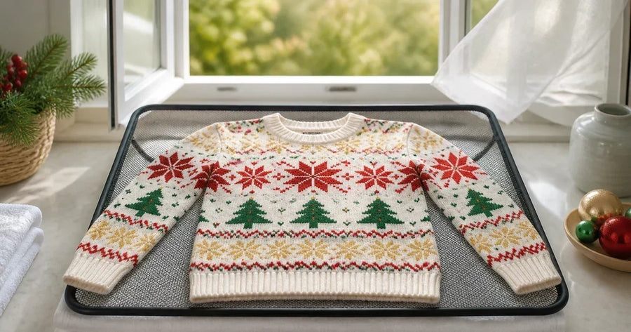 Sweater drying flat on a mesh rack in a bright laundry area