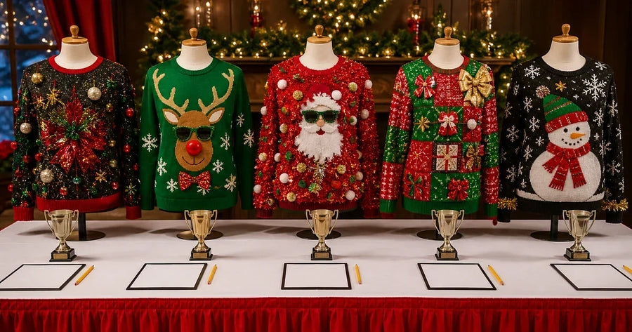 Host holding category cards beside contestants in original ugly sweaters