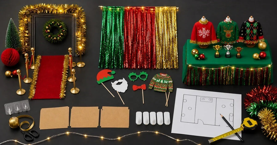 Ugly sweater party room organized into colorful decoration zones