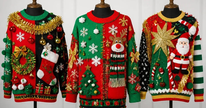 Original ugly Christmas sweater showing clashing colors oversized motif and textured trim