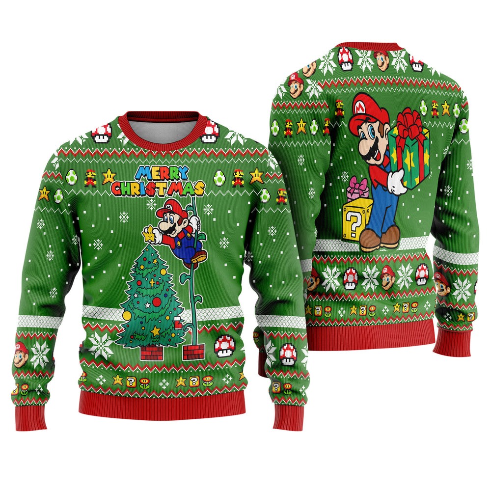 Mario Bros Merry Christmas Ugly Sweater - Green Retro Gaming Knit Print