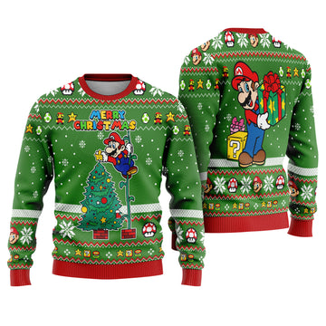 Mario Bros Merry Christmas Ugly Sweater - Green Retro Gaming Knit Print