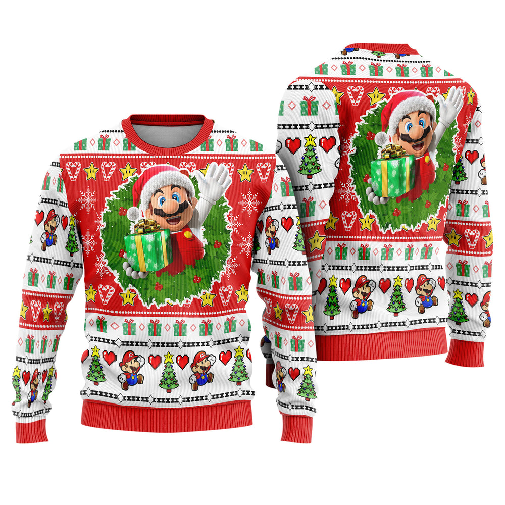 Super Mario Wreath Ugly Christmas Sweater - Red Holiday Gift Knit Print