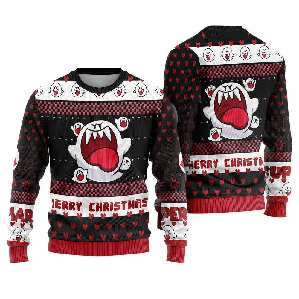 Super Mario Boo Ugly Christmas Sweater - Black King Boo Ghost Holiday Knit Print