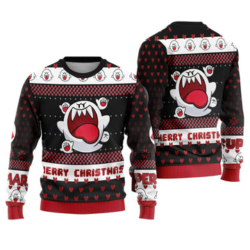 Super Mario Boo Ugly Christmas Sweater - Black King Boo Ghost Holiday Knit Print