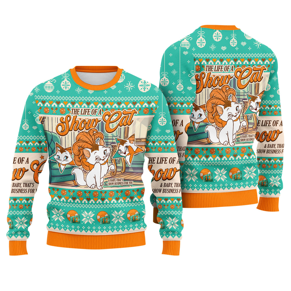 The Life Of A Showcat Ugly Christmas Sweater - Teal Glamour Cat Holiday Knit Print