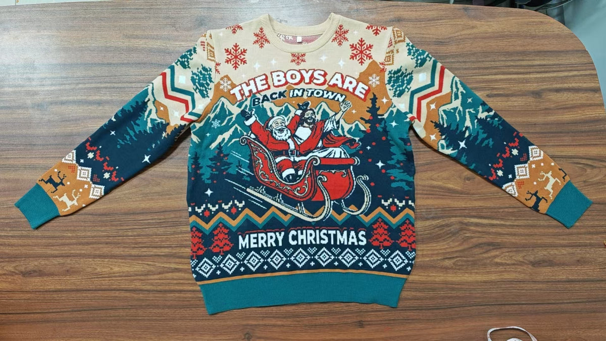 The Boys Are Back in Town Ugly Christmas Sweater - Santa Jesus Sleigh Holiday Teal Knit Print