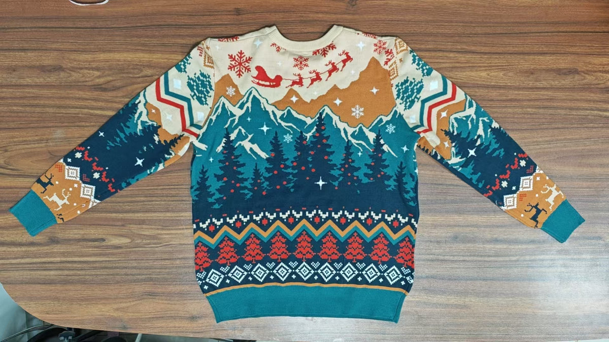 The Boys Are Back in Town Ugly Christmas Sweater - Santa Jesus Sleigh Holiday Teal Knit Print