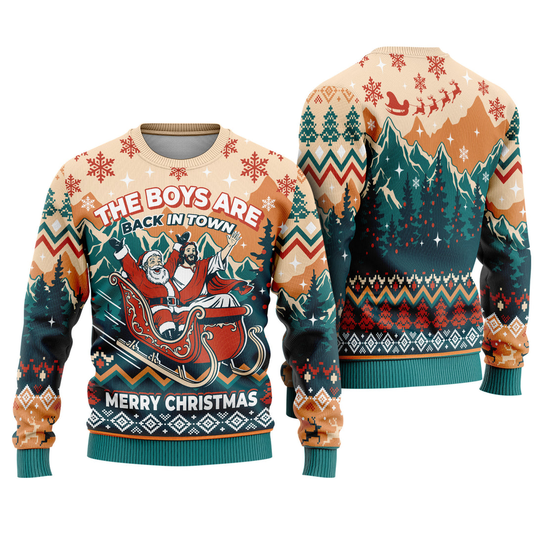 The Boys Are Back in Town Ugly Christmas Sweater - Santa Jesus Sleigh Holiday Teal Knit Print