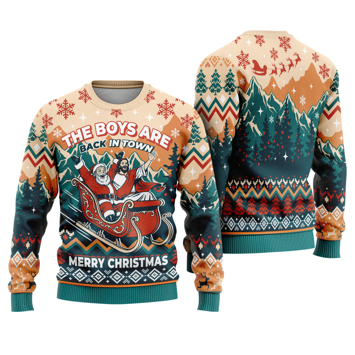 The Boys Are Back in Town Ugly Christmas Sweater - Santa Jesus Sleigh Holiday Teal Knit Print