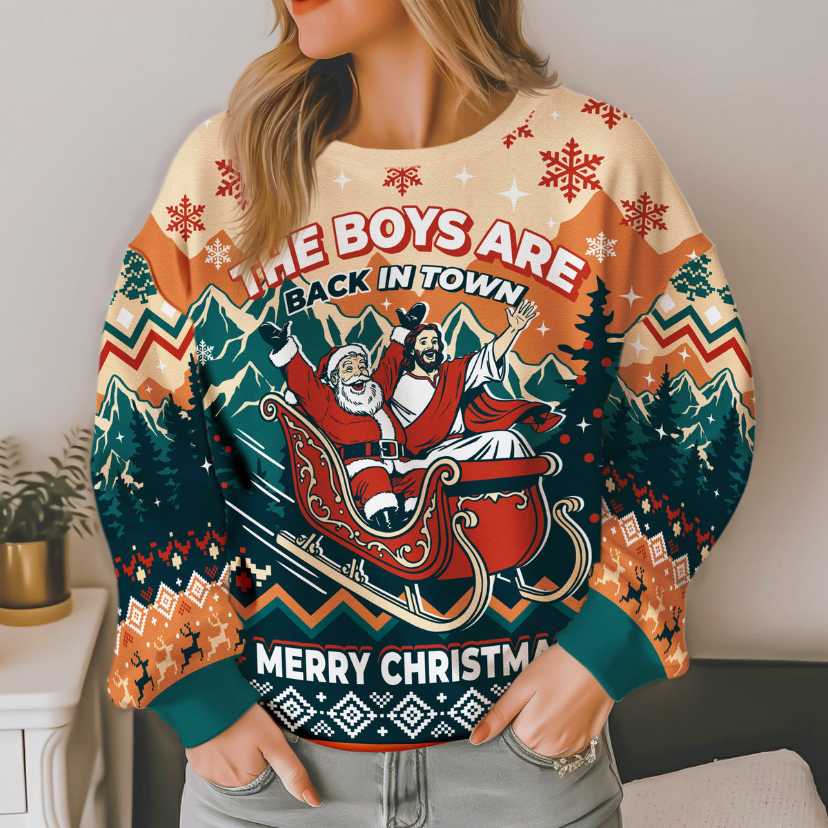 The Boys Are Back in Town Ugly Christmas Sweater - Santa Jesus Sleigh Holiday Teal Knit Print