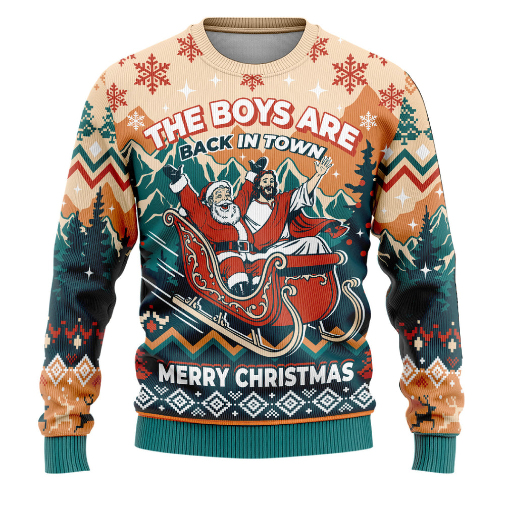 The Boys Are Back in Town Ugly Christmas Sweater - Santa Jesus Sleigh Holiday Teal Knit Print