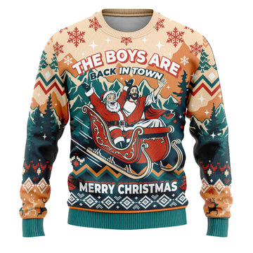 The Boys Are Back in Town Ugly Christmas Sweater - Santa Jesus Sleigh Holiday Teal Knit Print