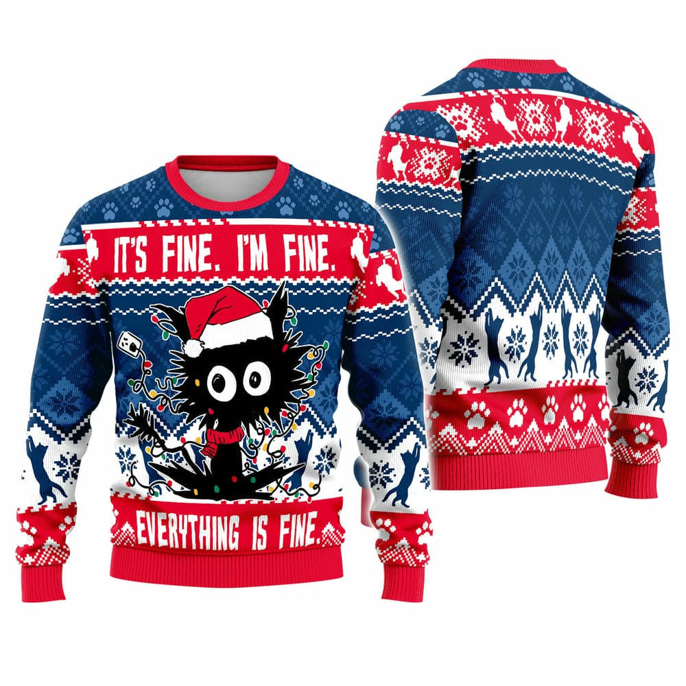 Funny Cat Christmas Lights Ugly Christmas Sweater - Funny Holiday Knit Print