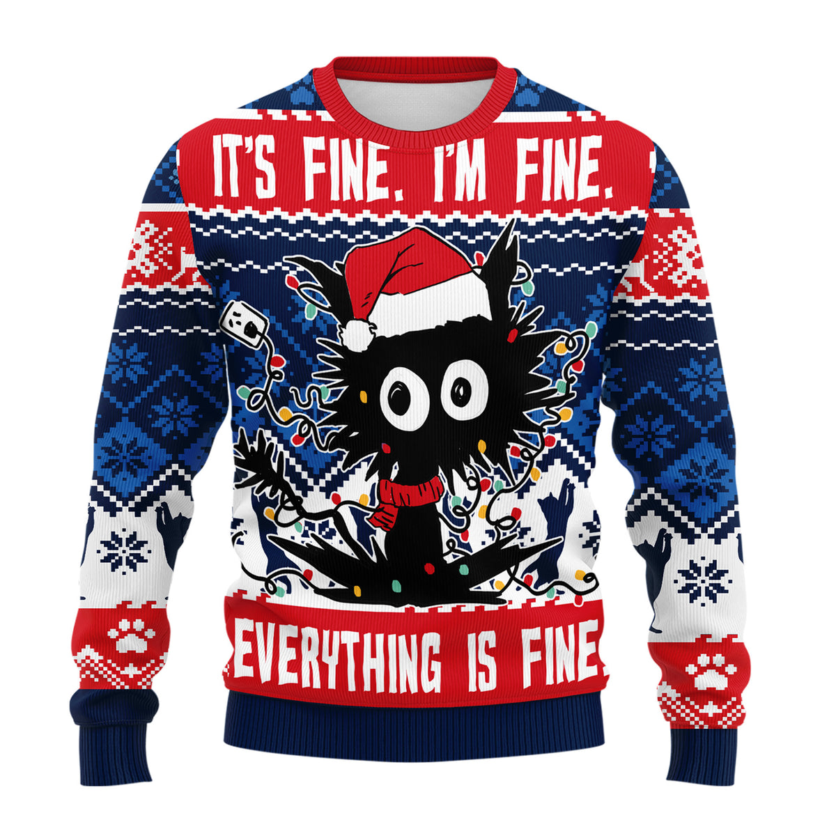 Funny Cat Christmas Lights Ugly Christmas Sweater - Funny Holiday Knit Print