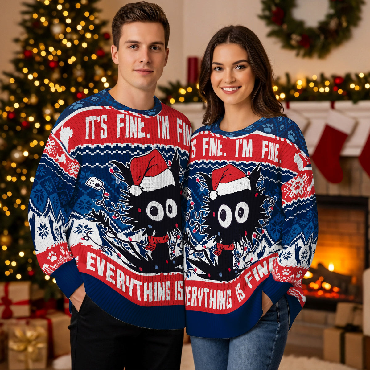 Funny Cat Christmas Lights Ugly Christmas Sweater - Funny Holiday Knit Print