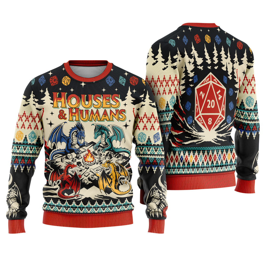Houses & Humans Ugly Christmas Sweater - Dragon Tabletop RPG Gaming Knit Print