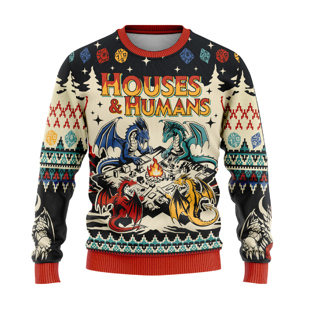 Houses & Humans Ugly Christmas Sweater - Dragon Tabletop RPG Gaming Knit Print