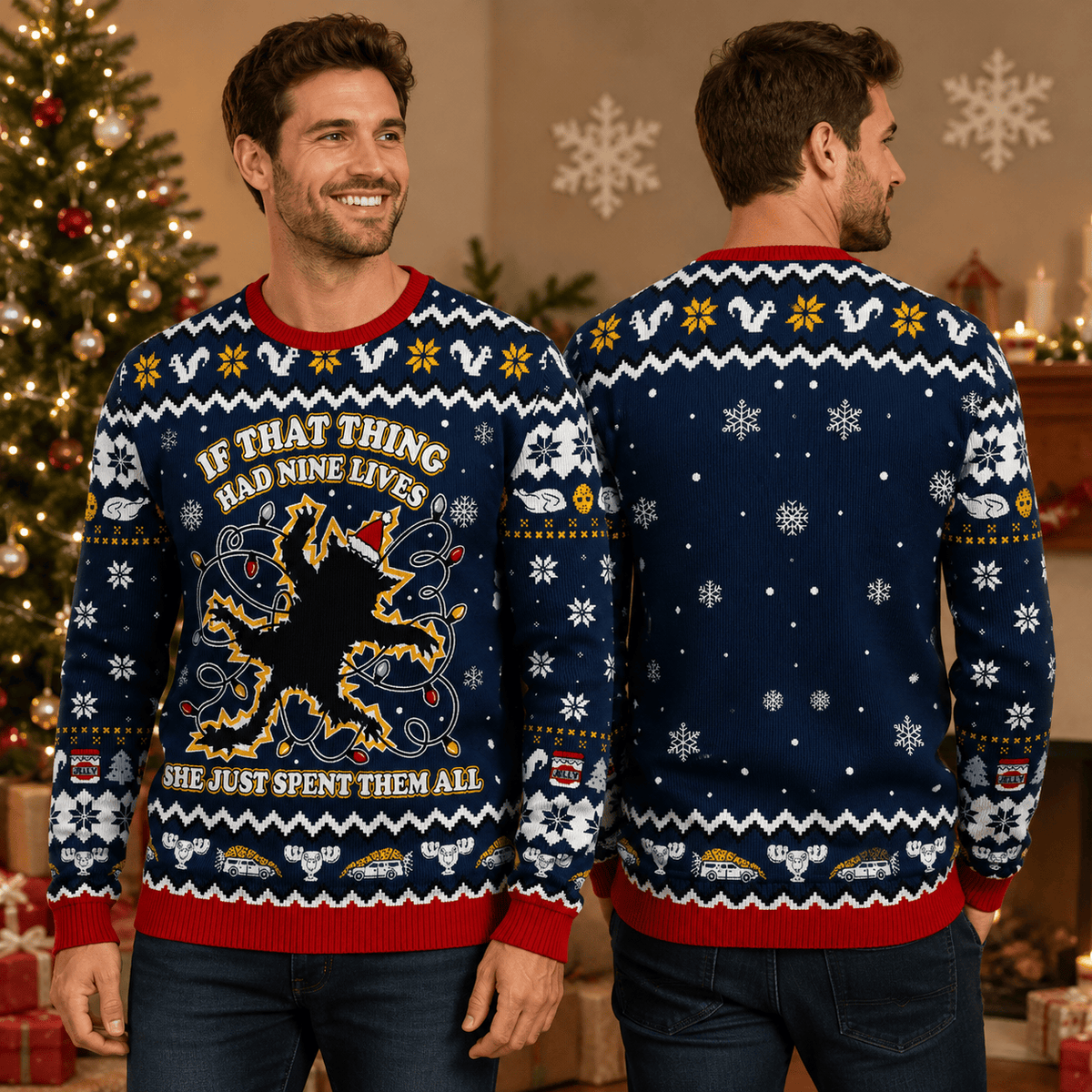 If That Thing Had Nine Lives Ugly Christmas Sweater - Funny Cat Lights Holiday Knit Print