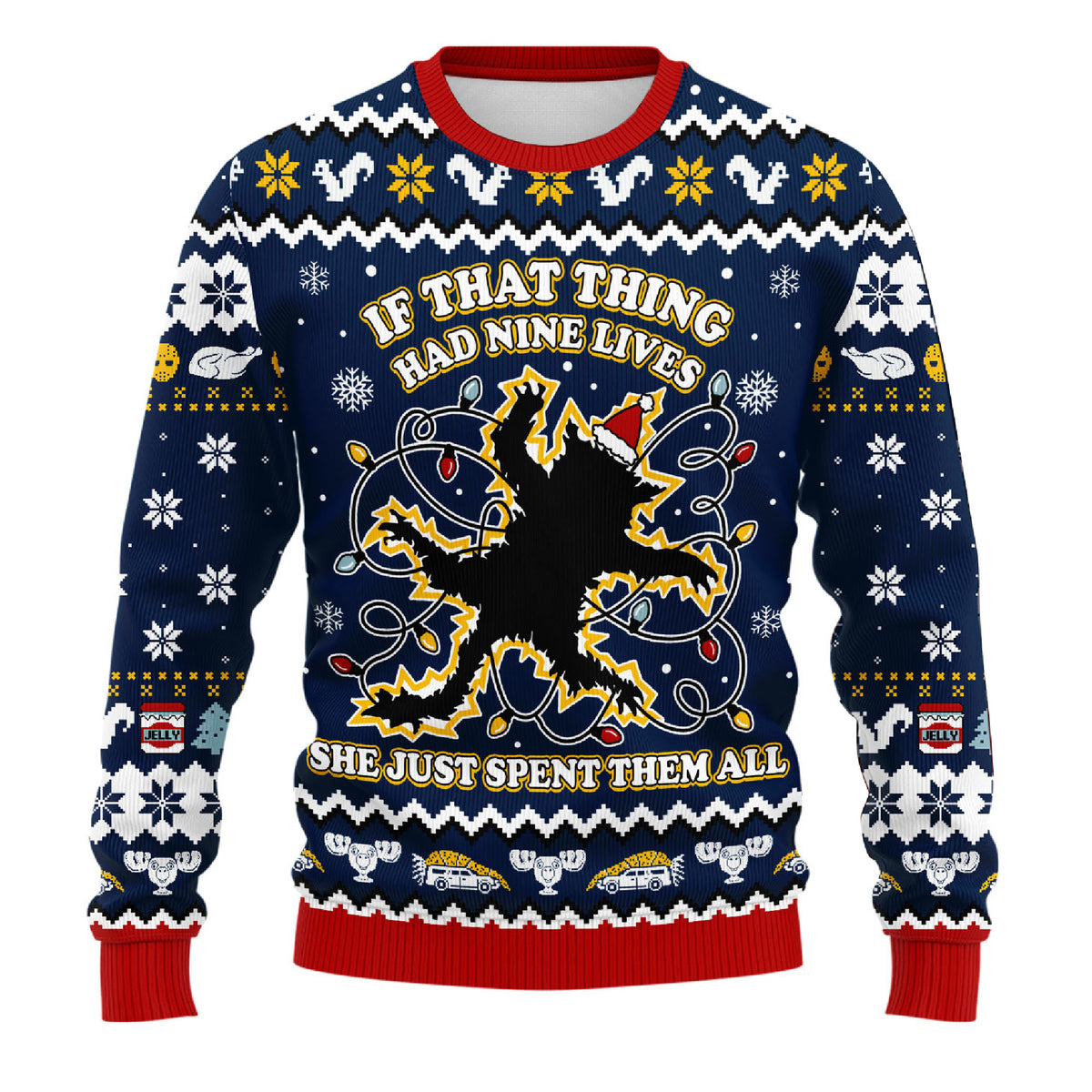If That Thing Had Nine Lives Ugly Christmas Sweater - Funny Cat Lights Holiday Knit Print
