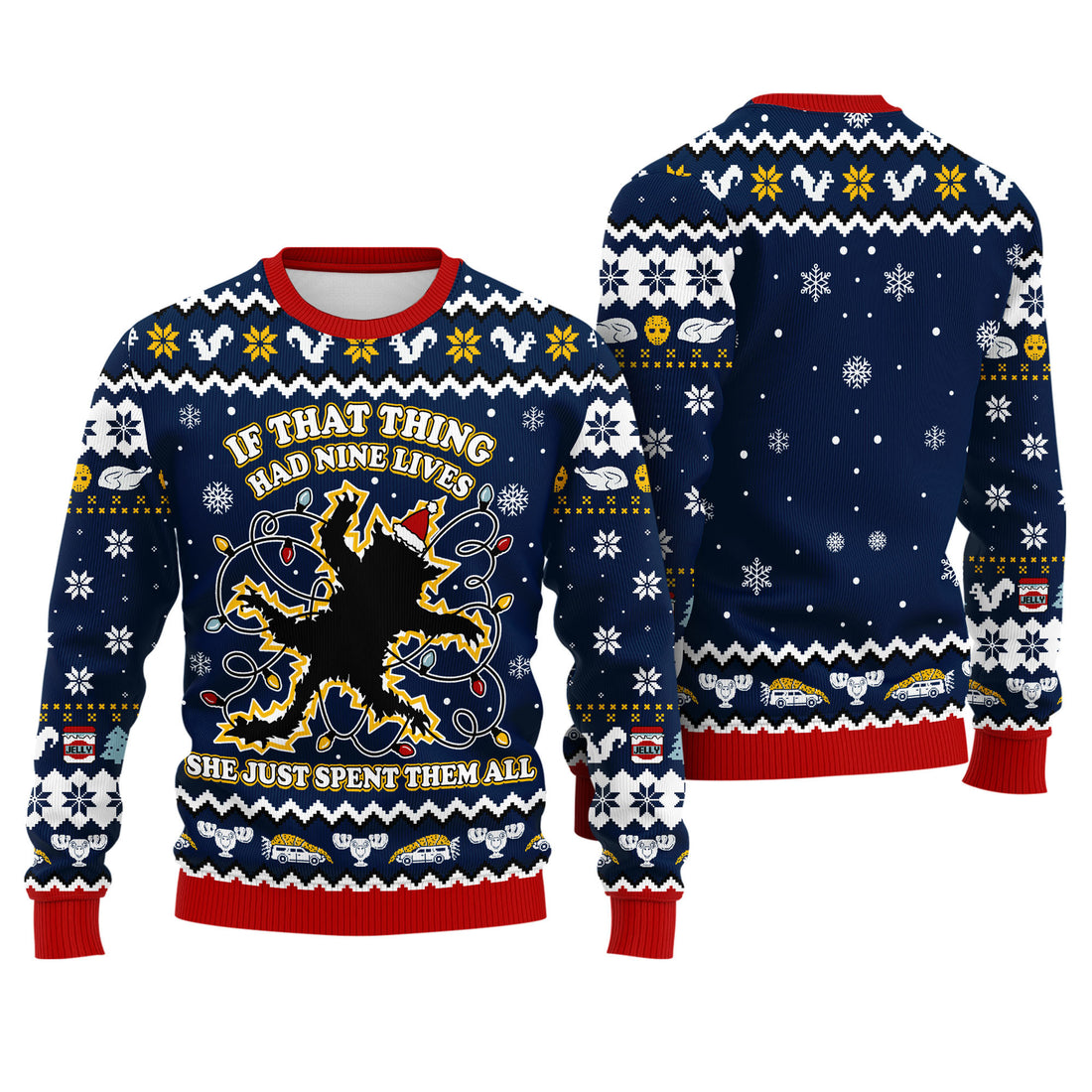 If That Thing Had Nine Lives Ugly Christmas Sweater - Funny Cat Lights Holiday Knit Print