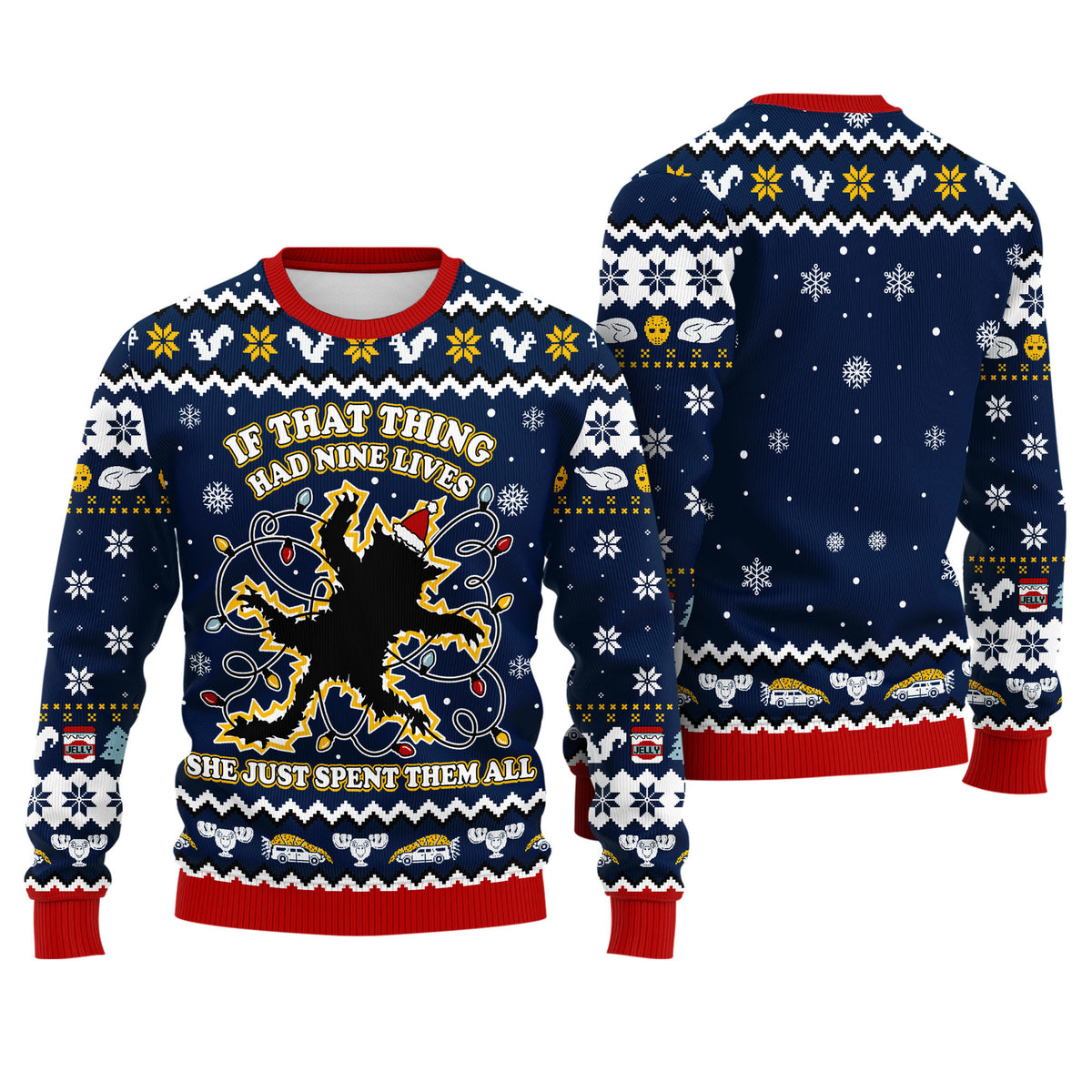 If That Thing Had Nine Lives Ugly Christmas Sweater - Funny Cat Lights Holiday Knit Print