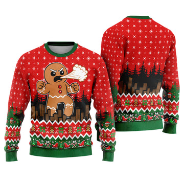 Angry Giant Gingerbread Man Ugly Christmas Sweater - Funny Holiday Knit Print