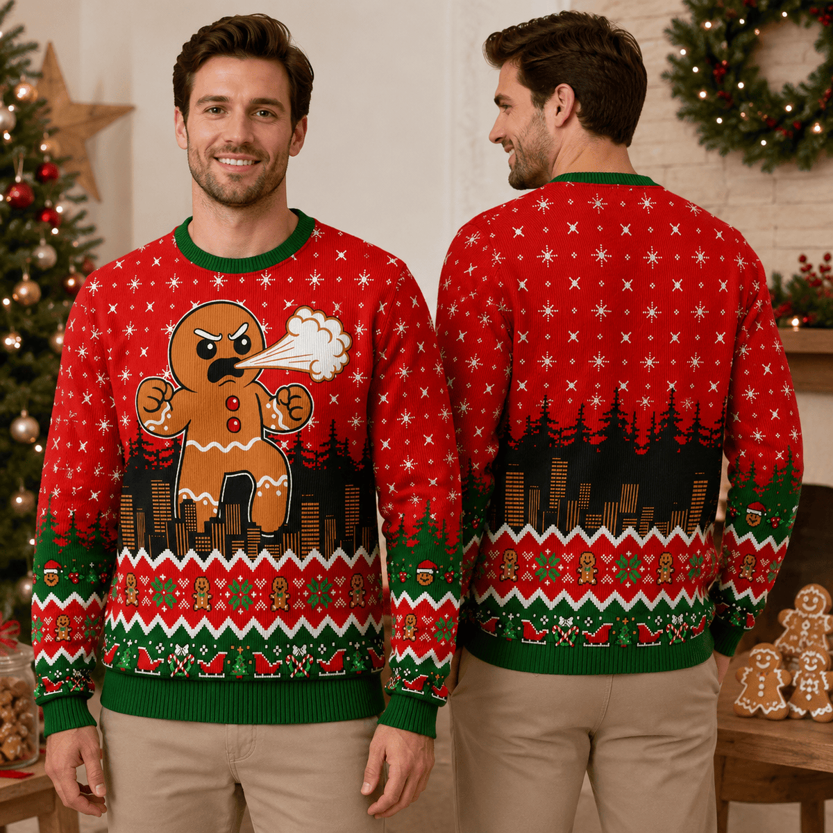 Angry Giant Gingerbread Man Ugly Christmas Sweater - Funny Holiday Knit Print