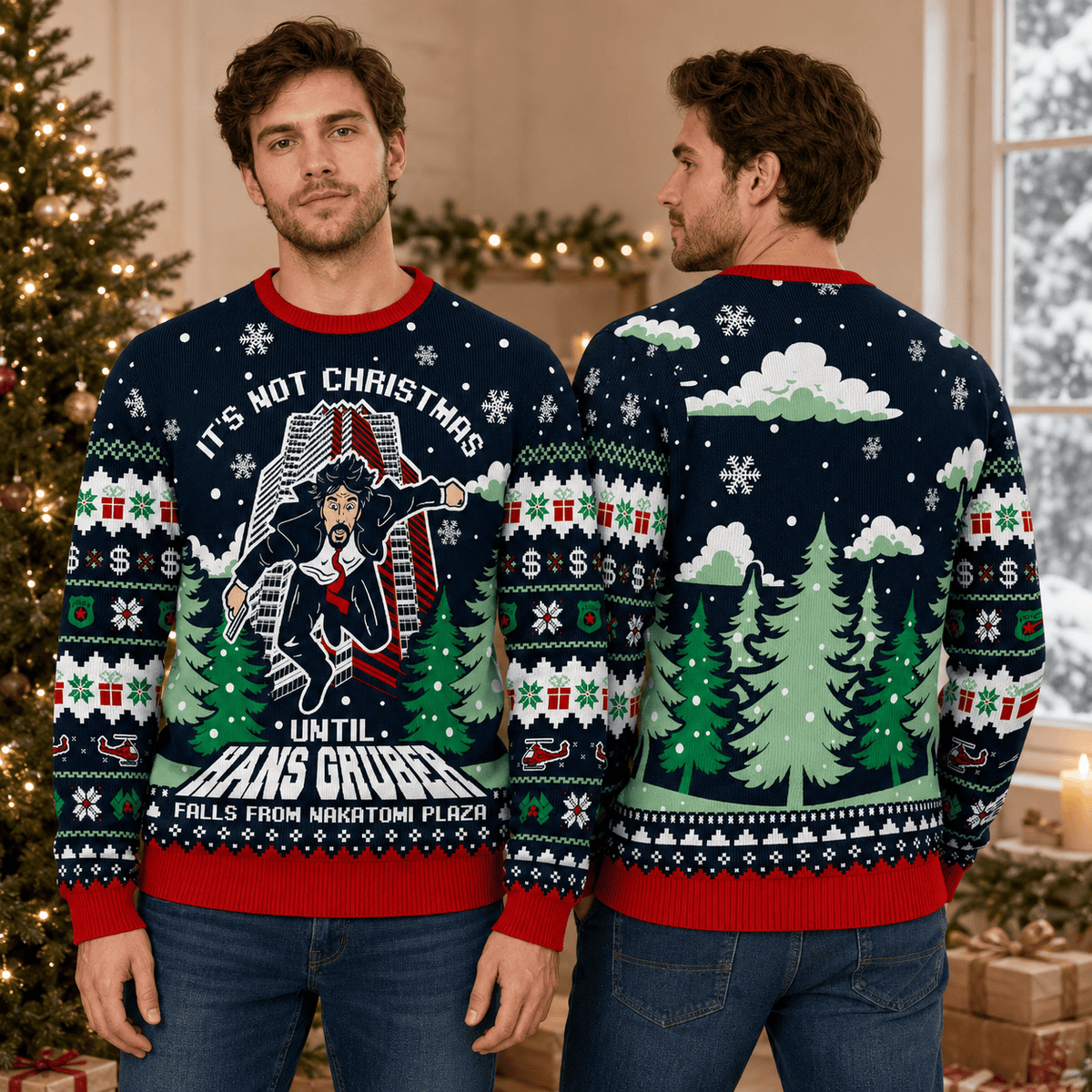 Nakatomi Plaza Ugly Christmas Sweater - Funny Hans Gruber Holiday Knit Print