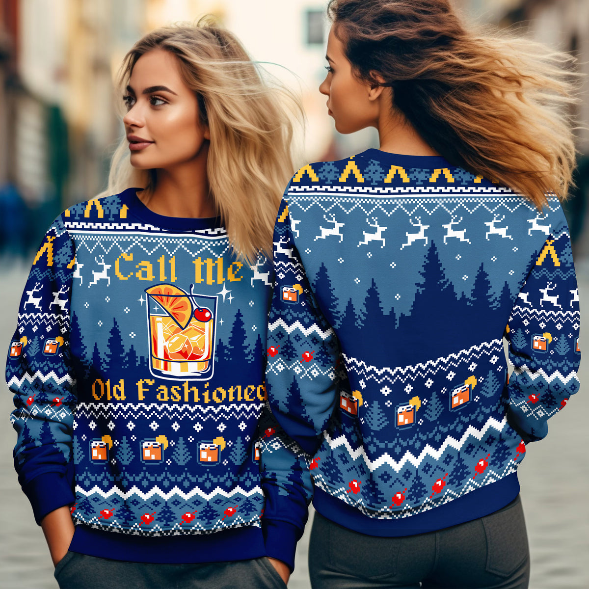 Call Me Old Fashioned Ugly Christmas Sweater - Bourbon Whiskey Holiday Knit Print