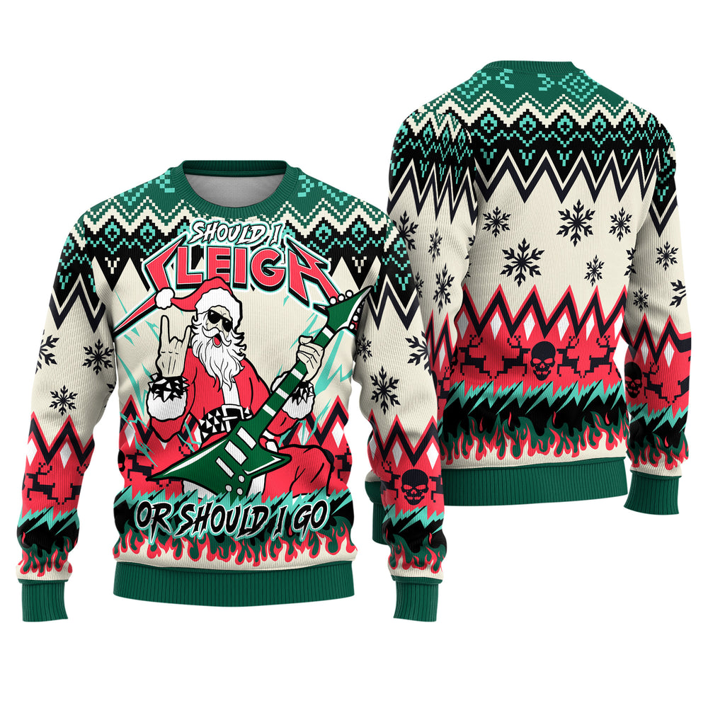Should I Sleigh Rocker Santa Ugly Christmas Sweater - Punk Rock Holiday Knit Print