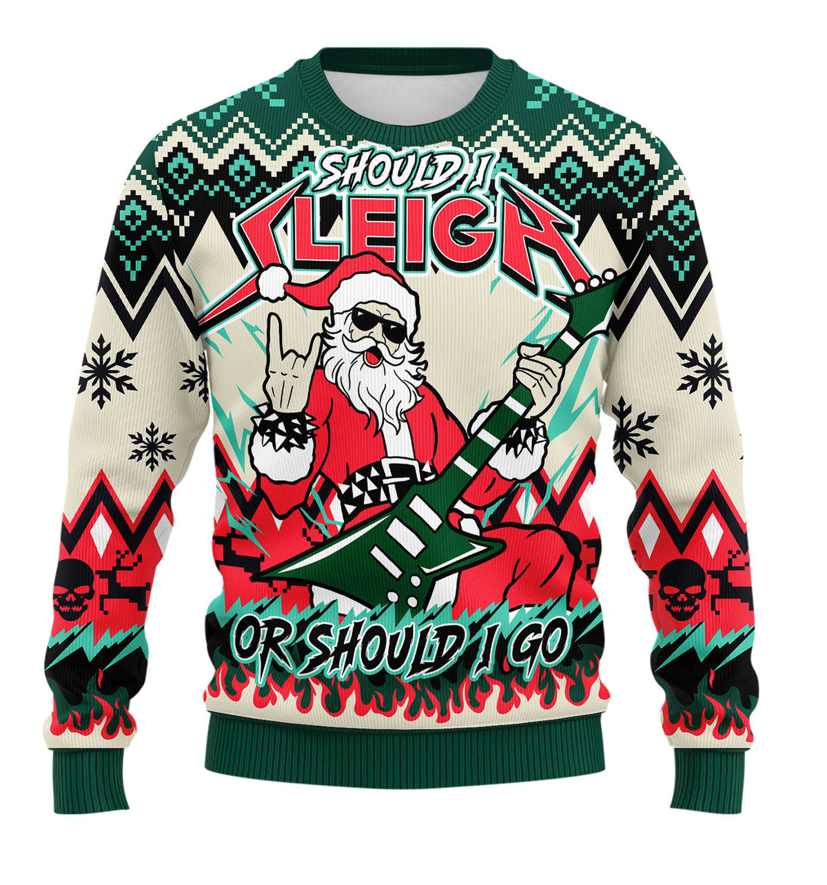 Should I Sleigh Rocker Santa Ugly Christmas Sweater - Punk Rock Holiday Knit Print