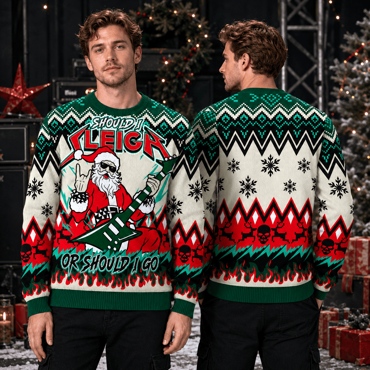 Should I Sleigh Rocker Santa Ugly Christmas Sweater - Punk Rock Holiday Knit Print