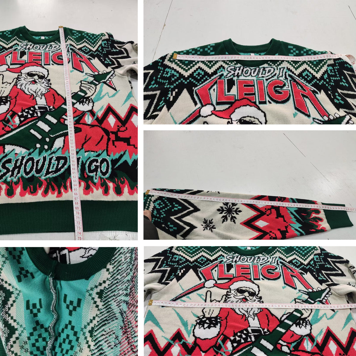 Should I Sleigh Rocker Santa Ugly Christmas Sweater - Punk Rock Holiday Knit Print