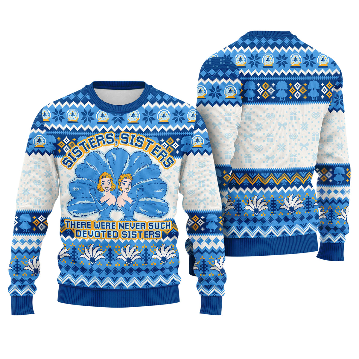 Sisters Sisters Ugly Christmas Sweater - Devoted Sisters Blue Holiday Knit Print