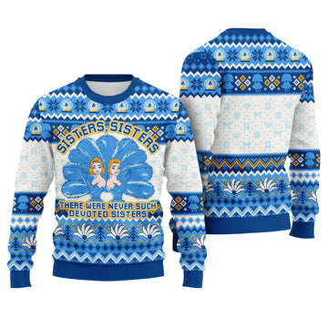 Sisters Sisters Ugly Christmas Sweater - Devoted Sisters Blue Holiday Knit Print