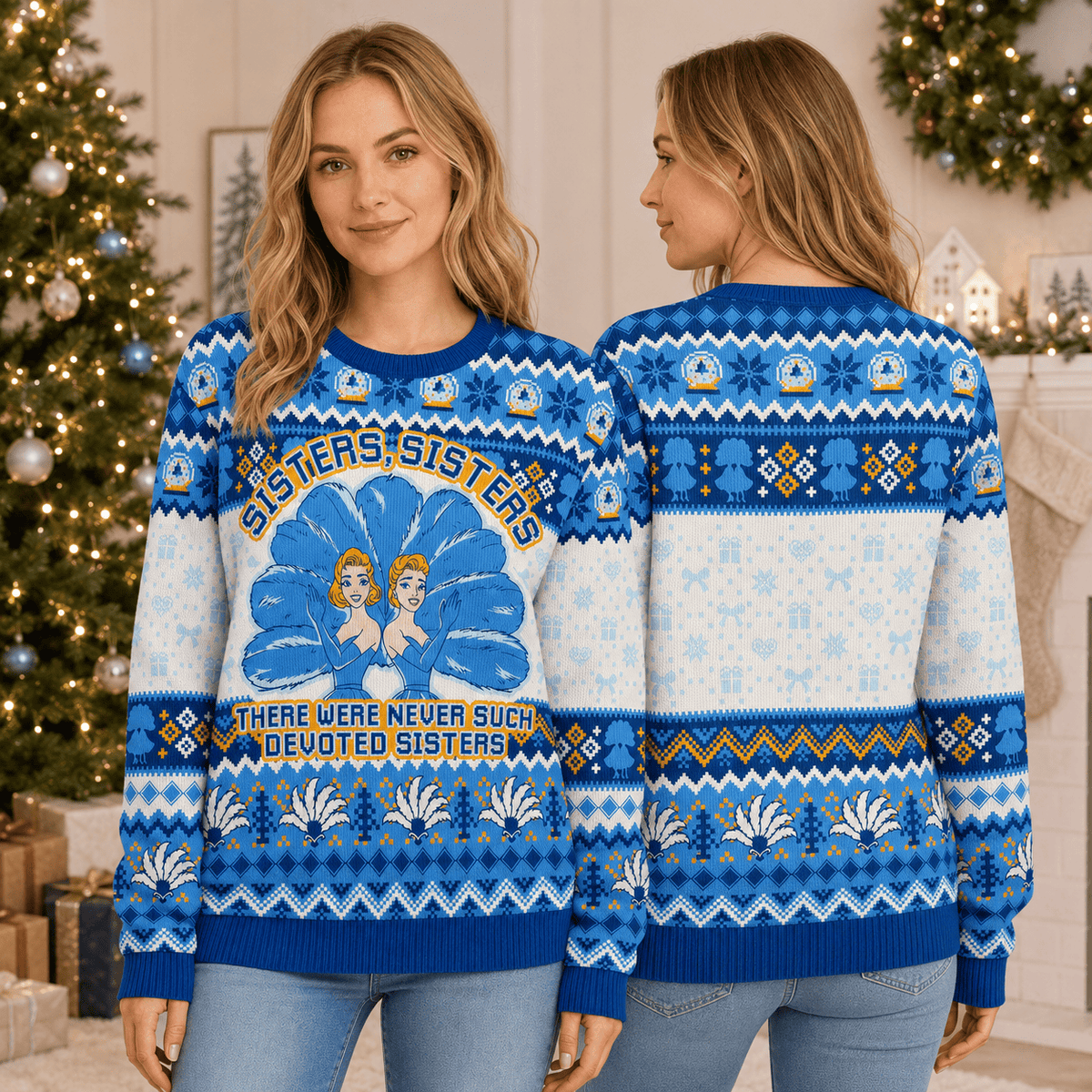 Sisters Sisters Ugly Christmas Sweater - Devoted Sisters Blue Holiday Knit Print