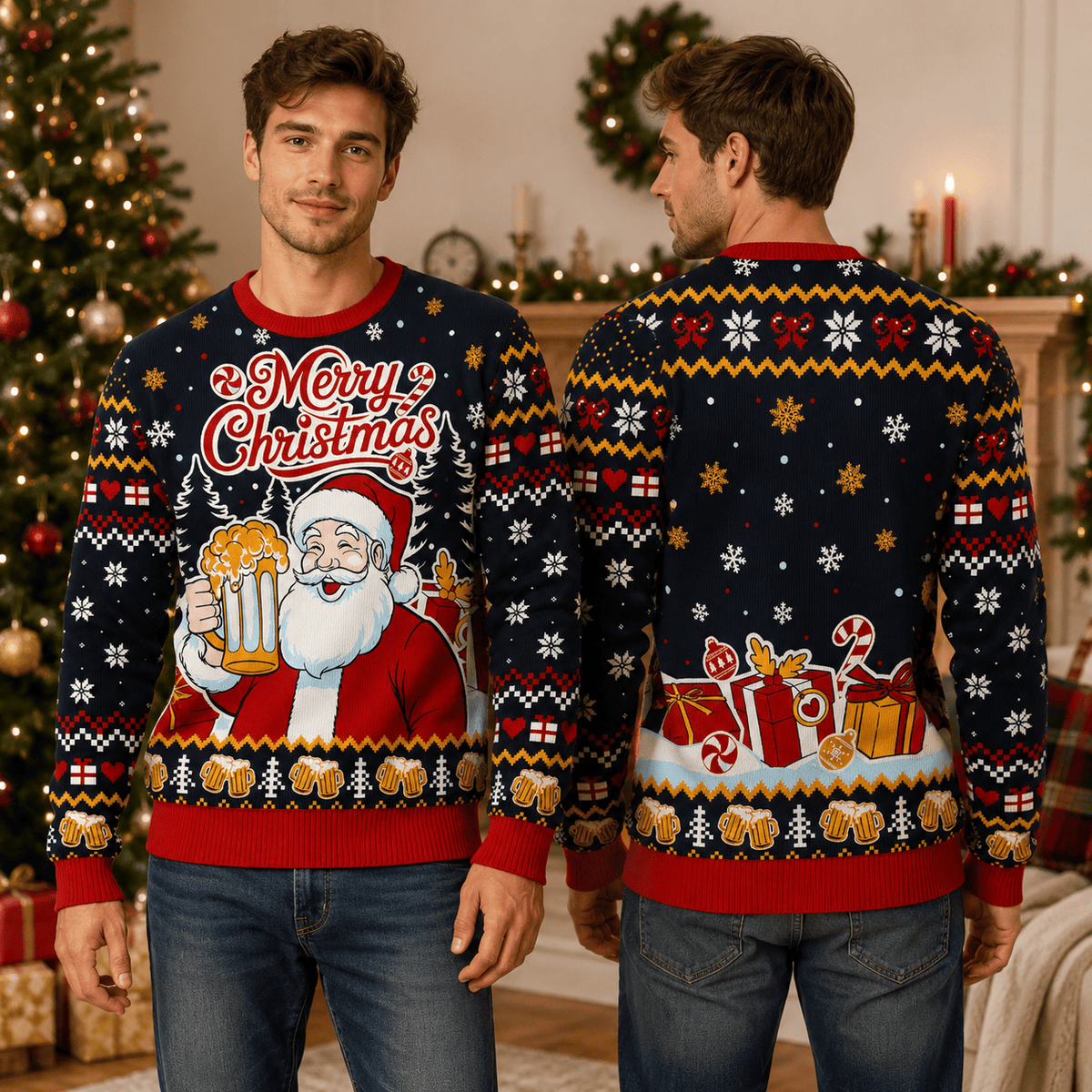 Drinking Santa Ugly Christmas Sweater - Funny Beer Holiday Knit Print