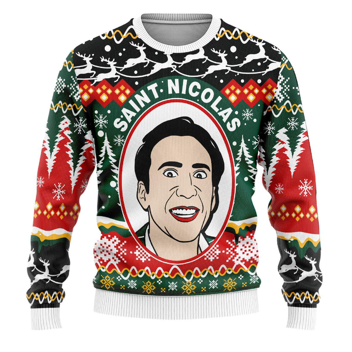 Saint Nicolas Nicolas Cage Ugly Christmas Sweater - Funny Holiday Knit Print
