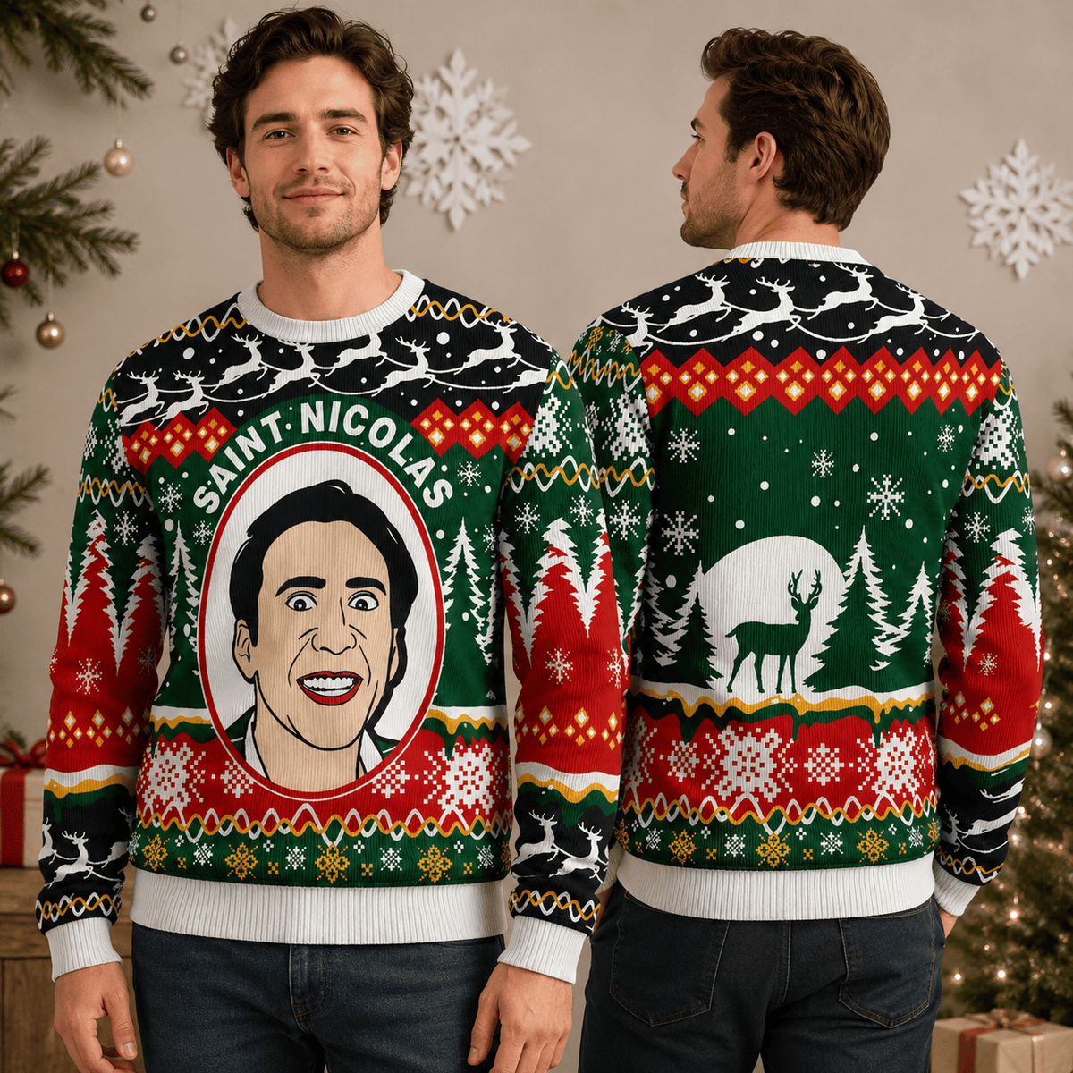 Saint Nicolas Nicolas Cage Ugly Christmas Sweater - Funny Holiday Knit Print
