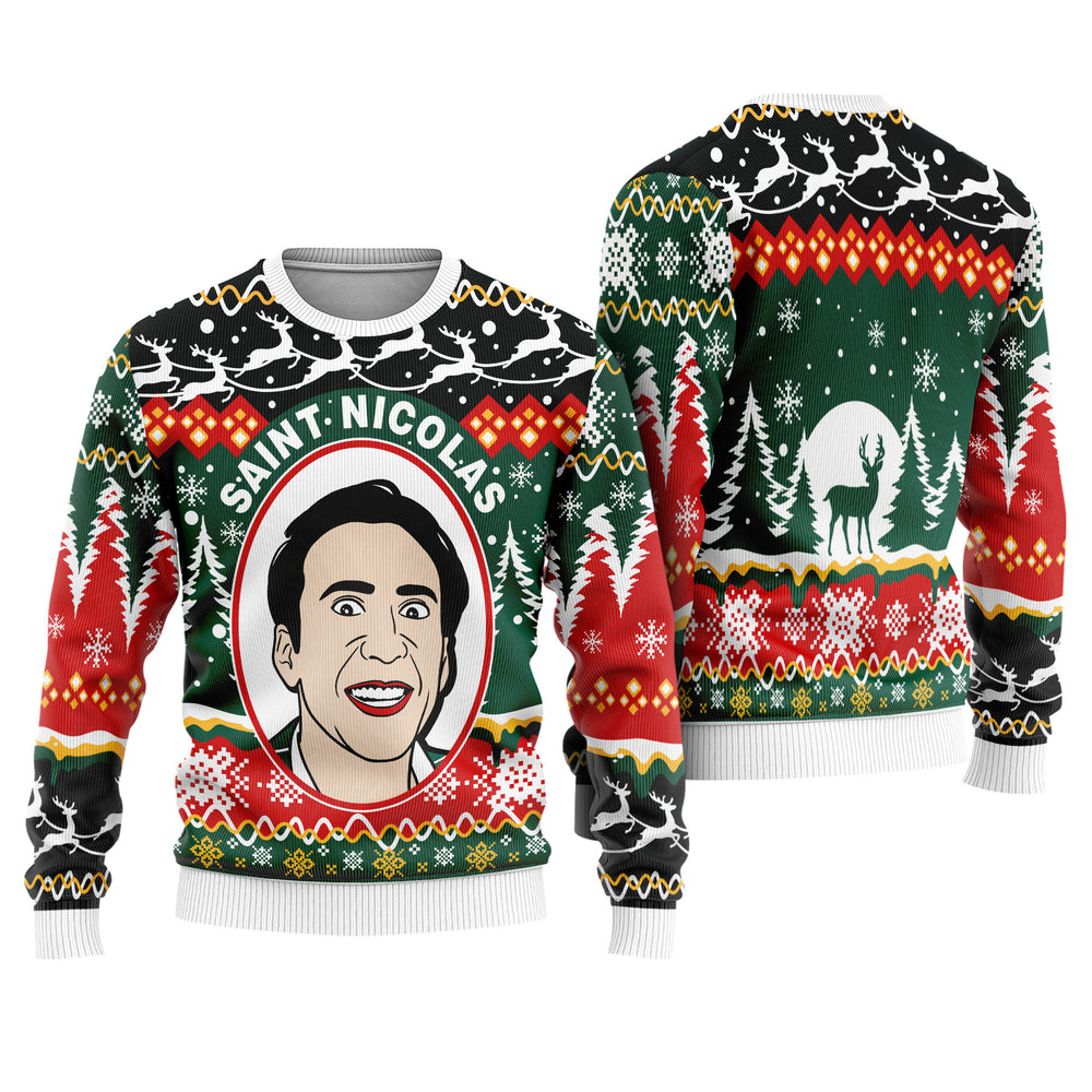Saint Nicolas Nicolas Cage Ugly Christmas Sweater - Funny Holiday Knit Print