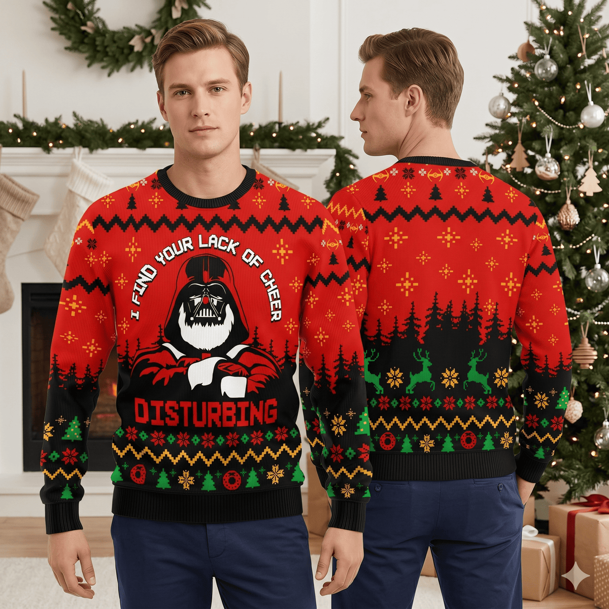 I Find Your Lack Of Cheer Disturbing Ugly Christmas Sweater - Santa Darth Vader Holiday Knit Print