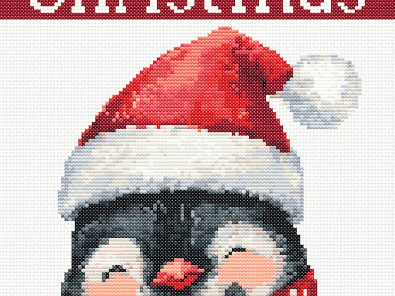 Christmas Stocking Cross Stitch Pattern - Cute Penguin Santa Hat Needlepoint Canvas