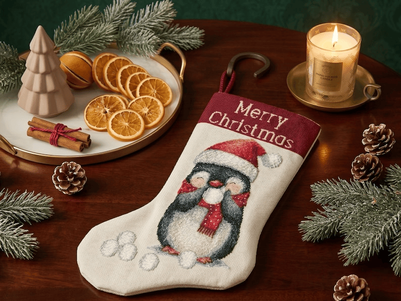 Christmas Stocking Cross Stitch Pattern - Cute Penguin Santa Hat Needlepoint Canvas